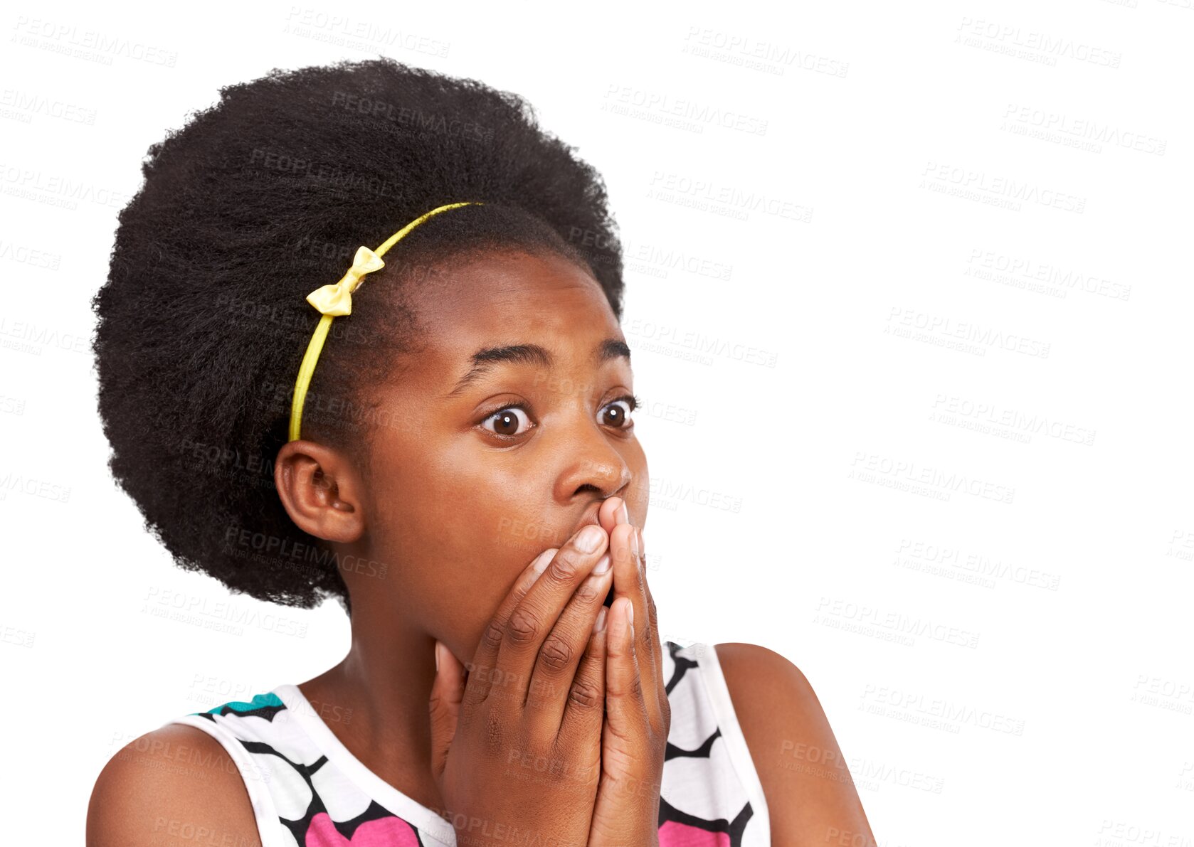 Buy stock photo Black girl, teen and shocked with hands on mouth for surprise, news or announcement. African child or teenager with wow emoji isolated on a transparent, png background