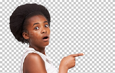 Buy stock photo Black girl, shocked and teen pointing finger at space for surprise, advertising or announcement. African child or teenager portrait with hand and wow emoji isolated on a transparent, png background