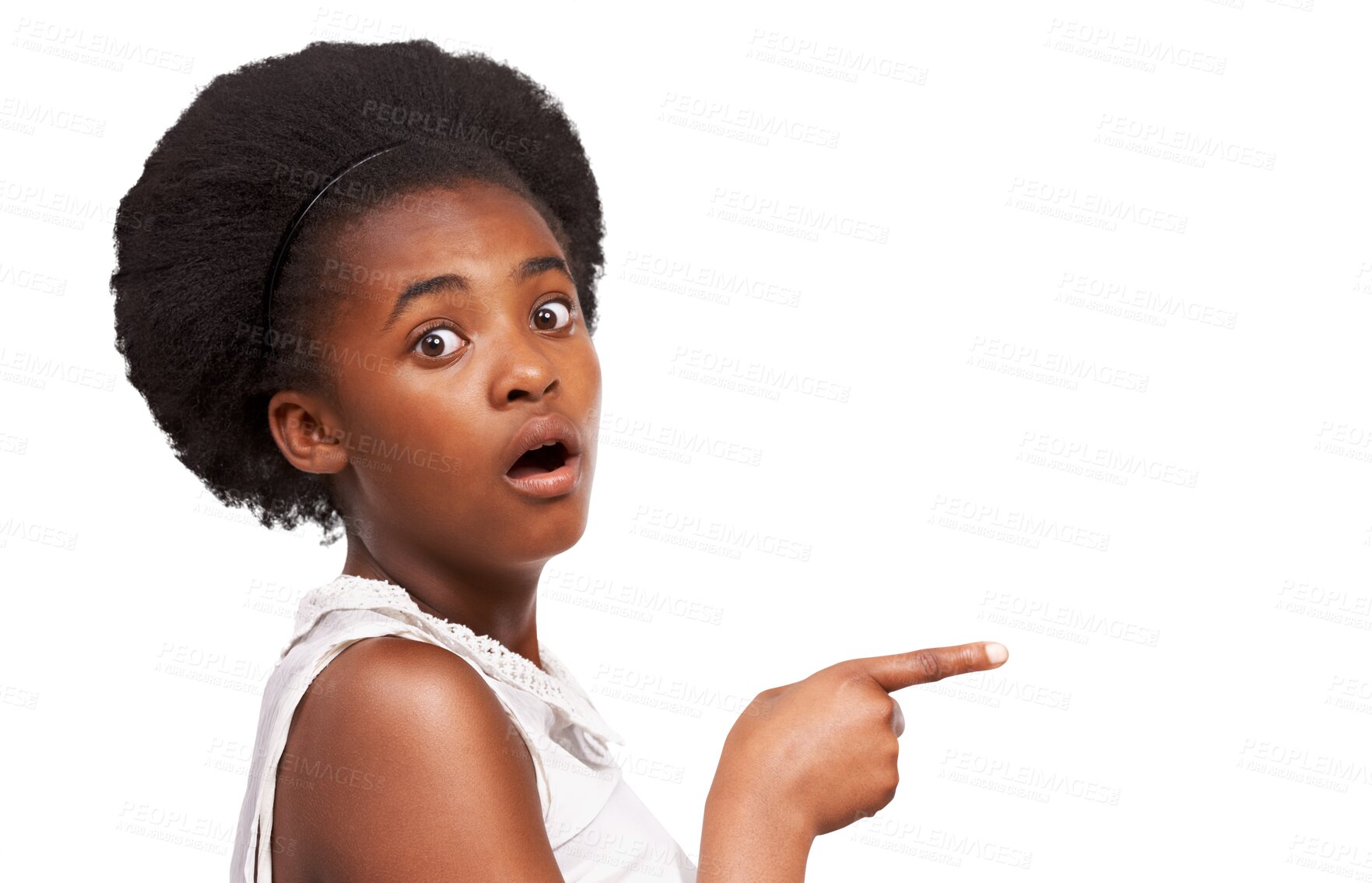 Buy stock photo Black girl, shocked and teen pointing finger at space for surprise, advertising or announcement. African child or teenager portrait with hand and wow emoji isolated on a transparent, png background