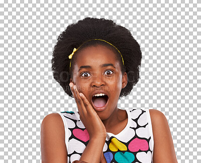 Buy stock photo Portrait, wow or shocked African girl with in shock after fake news, secret drama or gossip story. Omg, surprised teenager or excited face of child amazed isolated on transparent png background