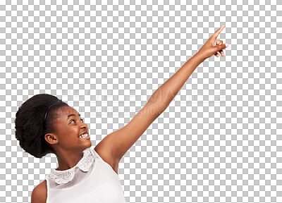 Buy stock photo Smile, portrait or excited girl pointing up on isolated on transparent png background for marketing. Kid, offer or happy African teenager hand gesture showing advertising deal or discount promotion