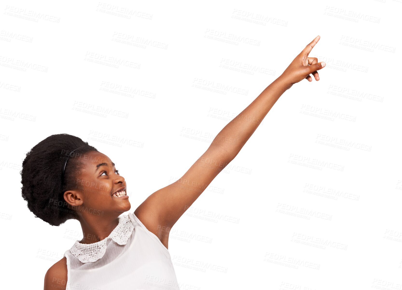 Buy stock photo Smile, portrait or excited girl pointing up on isolated on transparent png background for marketing. Kid, offer or happy African teenager hand gesture showing advertising deal or discount promotion