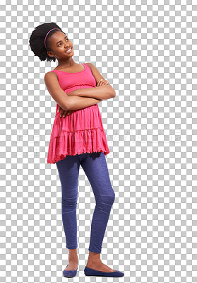 Buy stock photo Black girl, teen and thinking with arms crossed and a smile for idea, memory or solution. African child or teenager isolated on a transparent, png background to think of promotion, fantasy or fashion