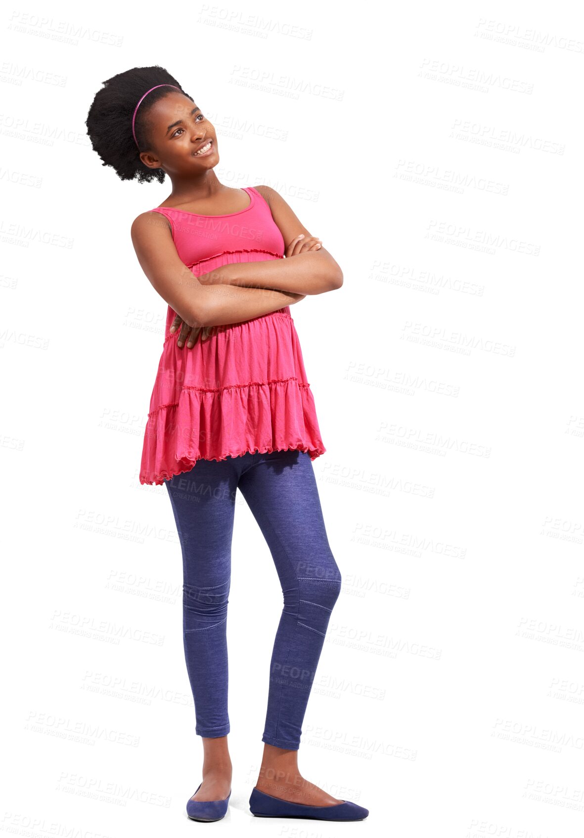 Buy stock photo Black girl, teen and thinking with arms crossed and a smile for idea, memory or solution. African child or teenager isolated on a transparent, png background to think of promotion, fantasy or fashion