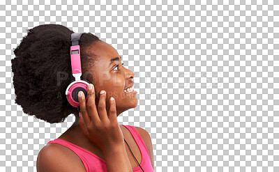 Buy stock photo Black girl, teenager with headphones and listen to music, entertainment and streaming isolated on png transparent background. Audio, radio and sound tech with young female teen, podcast and playlist