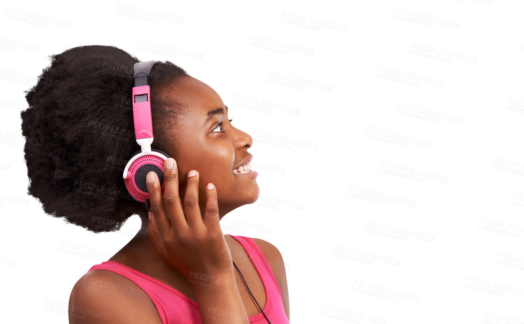 Buy stock photo Black girl, teenager with headphones and listen to music, entertainment and streaming isolated on png transparent background. Audio, radio and sound tech with young female teen, podcast and playlist