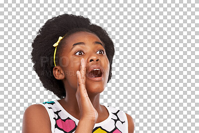 Buy stock photo Black girl, teen and shout or calling with hand to mouth for attention, news or announcement. African child or teenager face or voice emoji isolated on transparent, png background to speak or gossip