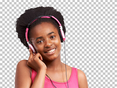 Buy stock photo Black girl, teen in portrait with headphones and listen to music streaming isolated on png transparent background. Audio, radio and sound technology with young female teen, podcast and playlist