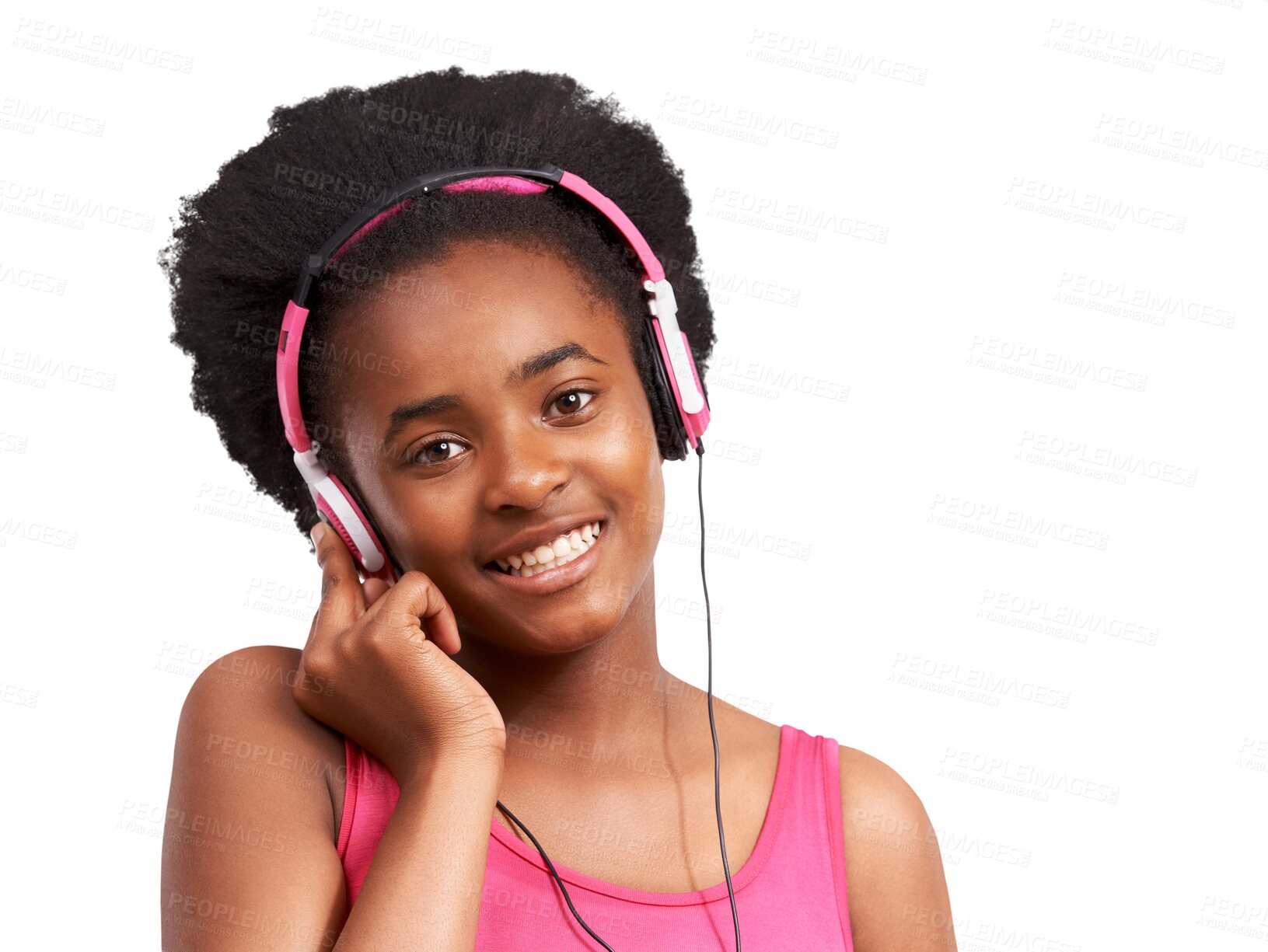 Buy stock photo Black girl, teen in portrait with headphones and listen to music streaming isolated on png transparent background. Audio, radio and sound technology with young female teen, podcast and playlist