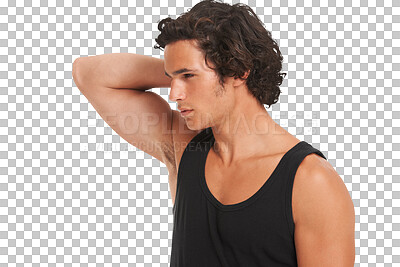 Buy stock photo Sexy, man and hand touching hair in casual, cool fashion for weekend, holiday or relax on transparent, isolated or png background. Young, model and confident guy in college, university or student