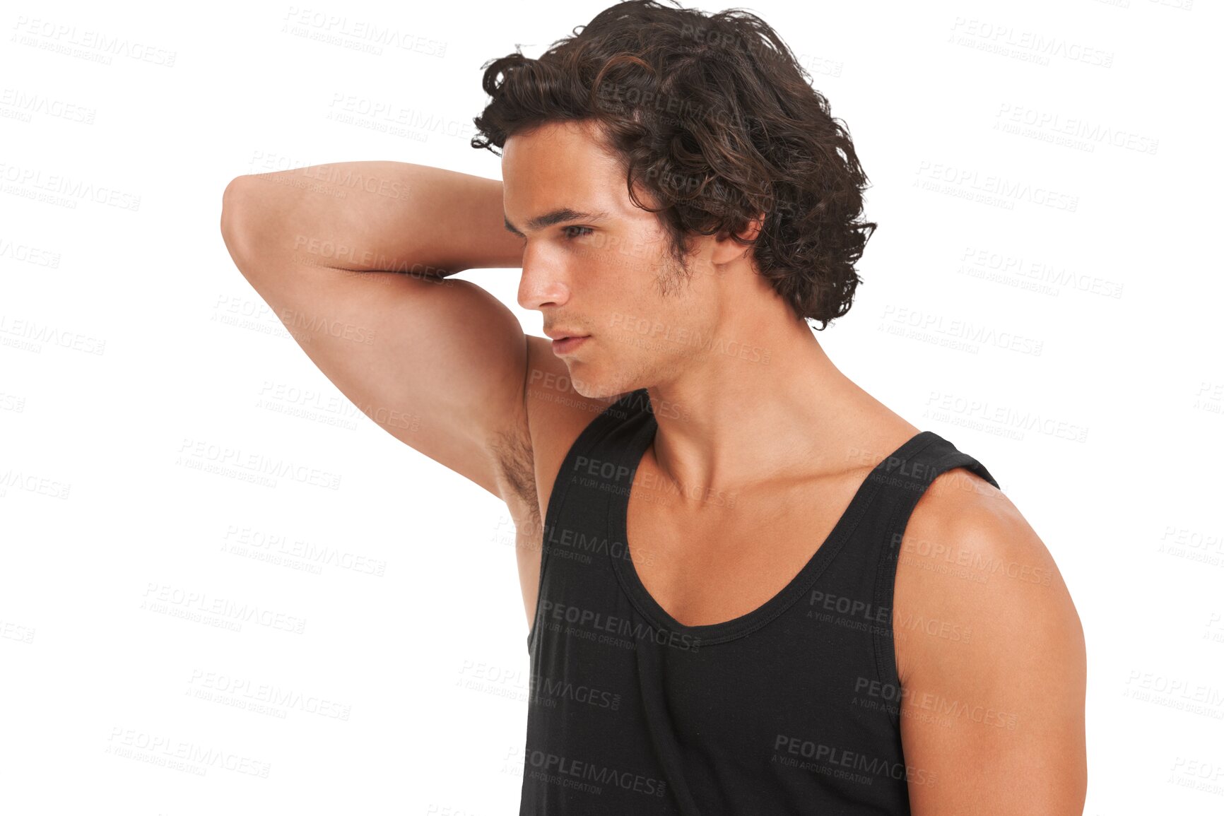 Buy stock photo Sexy, man and hand touching hair in casual, cool fashion for weekend, holiday or relax on transparent, isolated or png background. Young, model and confident guy in college, university or student