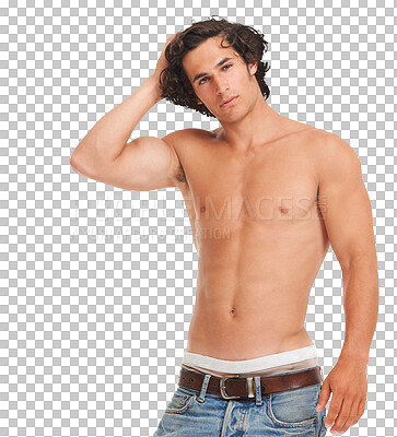 Buy stock photo Sexy, portrait and man shirtless, muscle and model isolated against a transparent background. Male person, fitness or guy with casual style, png and topless with health, body and muscular with diet