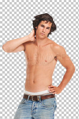 Buy stock photo Abs, jeans and shirtless with portrait of man for fashion, fitness and casual style. Health, body and muscle with male model isolated on transparent png background for strong, sexy and handsome