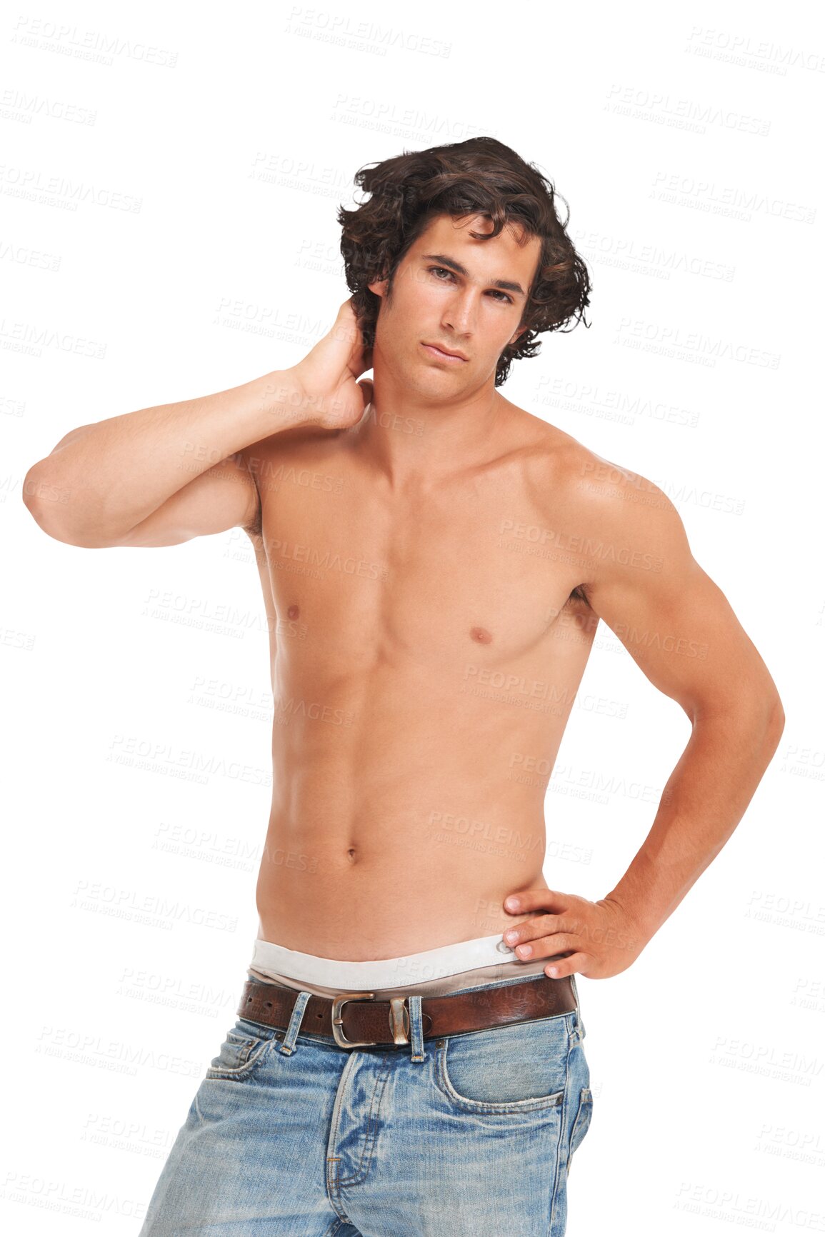 Buy stock photo Abs, jeans and shirtless with portrait of man for fashion, fitness and casual style. Health, body and muscle with male model isolated on transparent png background for strong, sexy and handsome