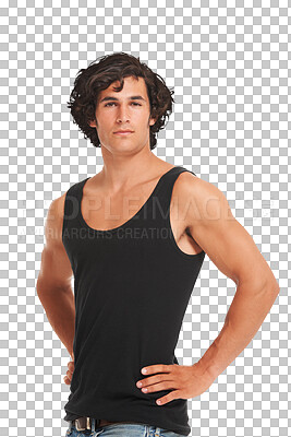 Buy stock photo Style, portrait of a man with hands on hips and isolated against a transparent png background. Muscular or fitness, confidence or elegant and male man pose for strong muscle for stylish fashion