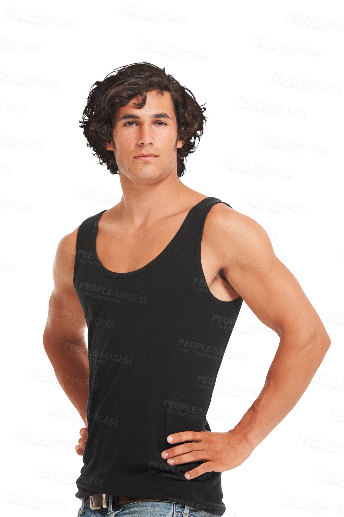 Buy stock photo Style, portrait of a man with hands on hips and isolated against a transparent png background. Muscular or fitness, confidence or elegant and male man pose for strong muscle for stylish fashion