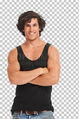 Buy stock photo Bodybuilder man, portrait and arms crossed for smile, fashion and isolated by transparent png background. Happy young guy, healthy model and student in casual style, confidence and trendy clothes