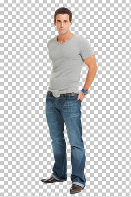 Buy stock photo Portrait, casual fashion and man with confidence, muscle and model isolated against a transparent background. Full body, male person and guy with a modern style, png and muscular with a serious face