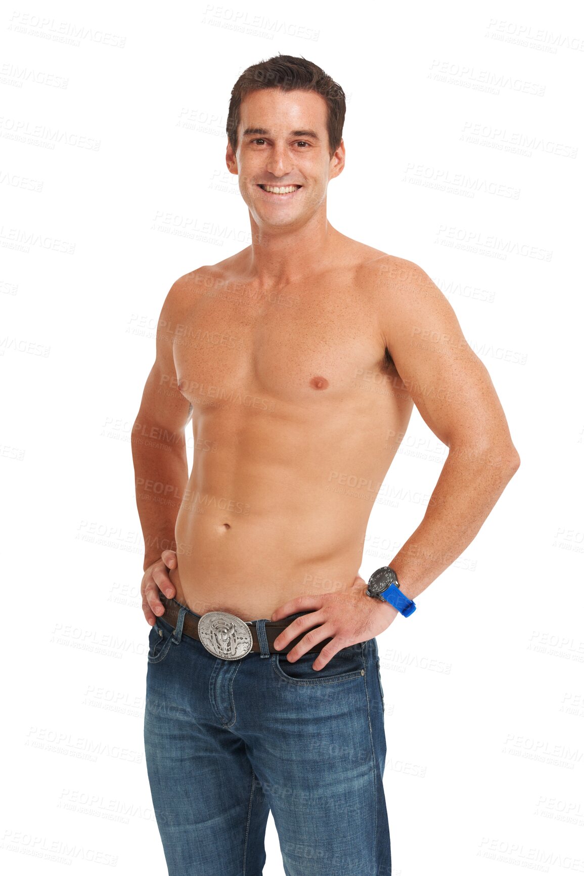 Buy stock photo Portrait, mature man and topless chest with healthy body, muscles or natural fitness on transparent, isolated or png background. Confident, wellness and male model or athlete with satisfaction