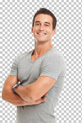 Buy stock photo Man, portrait and arms crossed with a smile, pride and casual fashion. Confident, happy and male model person with strong muscle, casual style and tshirt isolated on a transparent, png background