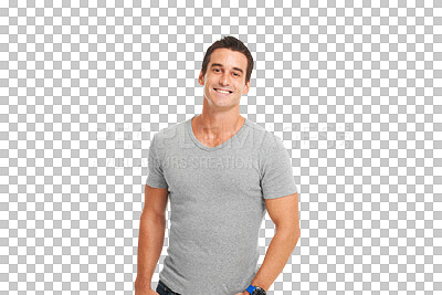 Buy stock photo Happy man, portrait smile and standing isolated on a transparent PNG background in casual fashion. Creative, attractive or proud young muscular male model smiling in happiness for confidence or pride