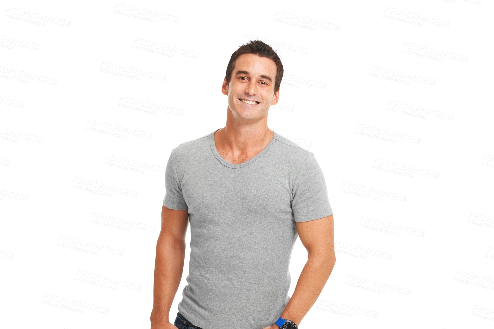 Buy stock photo Happy man, portrait smile and standing isolated on a transparent PNG background in casual fashion. Creative, attractive or proud young muscular male model smiling in happiness for confidence or pride