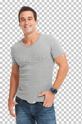 Buy stock photo Man, hands in pocket and portrait with a smile, pride and fashion style. Confident, happy and male model person with positive mindset,  casual jeans and tshirt isolated on transparent, png background