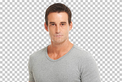 Buy stock photo Serious, handsome and portrait of a mature man with a casual, trendy and stylish tshirt outfit. Confidence, face and headshot of a male model with cool style isolated by a transparent png background.