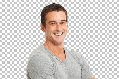 Buy stock photo Man, happy portrait and face with a smile, pride and casual fashion isolated on a transparent, png background. Confident, headshot and handsome male model person from Australia with positive mindset