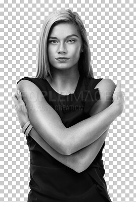 Buy stock photo Isolated woman, hug arms and portrait in black and white fashion by transparent png background. Young lady, model and beauty for glow, vintage and retro aesthetic for cosmetics, makeup and self love