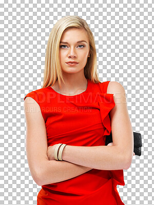 Buy stock photo Portrait, serious and woman with fashion, arms crossed and model isolated against a transparent background.  Face, female persona or confident girl with stylish clothes, beauty and assertive with png