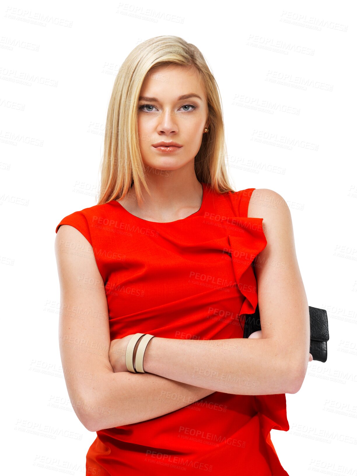 Buy stock photo Portrait, serious and woman with fashion, arms crossed and model isolated against a transparent background.  Face, female persona or confident girl with stylish clothes, beauty and assertive with png