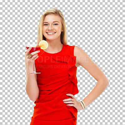 Buy stock photo Happy, portrait of a woman with a cocktail and isolated against a transparent png background with a smile. Confidence or elegance, party and smiling young female person pose with cold beverage