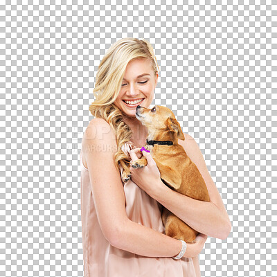 Buy stock photo Young woman, smile with dog and pet, gen z and animal with love and friends isolated on transparent png background. Blonde female model, youth and happy posing with puppy, care and friendship