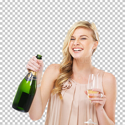 Buy stock photo Isolated woman, champagne bottle and glass in portrait with excited smile by transparent png background. Girl, sparkling wine and drink for toast, party or celebration with luxury, event or success