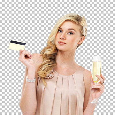 Buy stock photo Isolated woman, champagne glass and credit card with drink, portrait and rich by transparent png background. Girl, alcohol or sparkling wine with wealth, luxury and banking with expensive payment