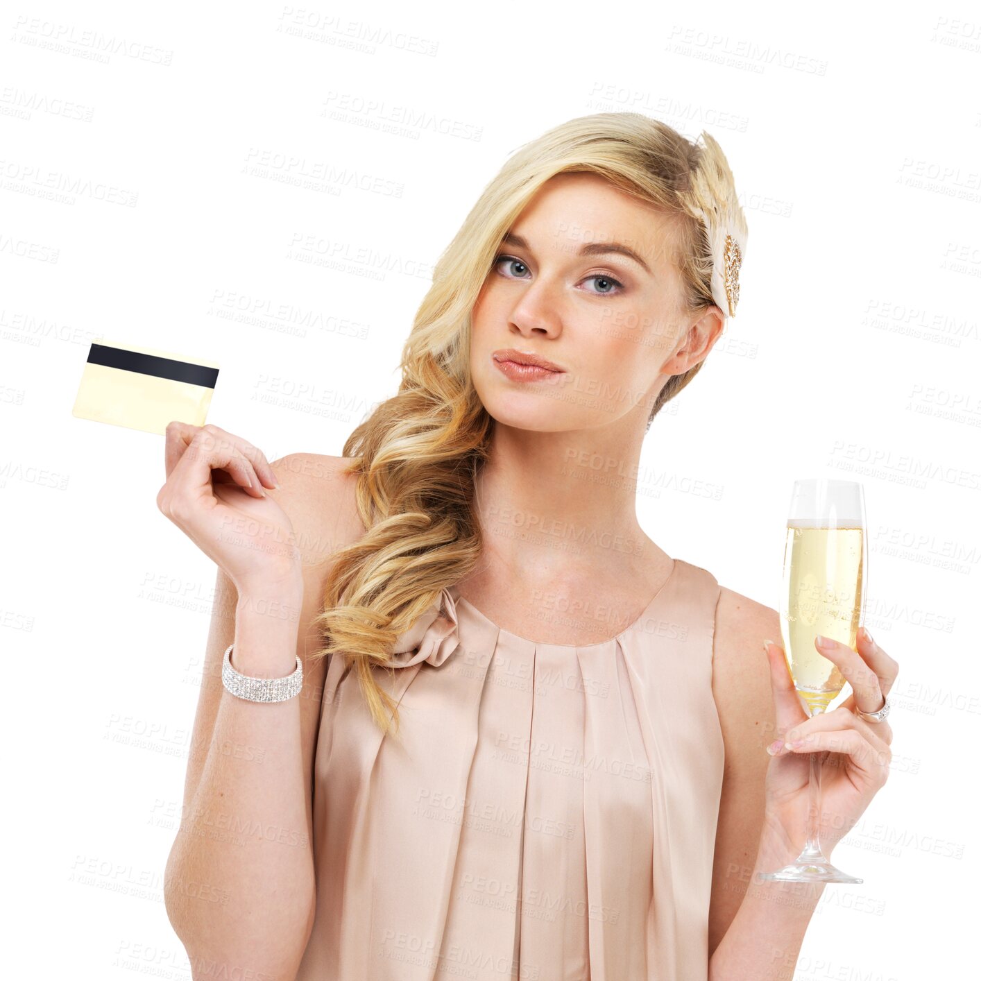 Buy stock photo Isolated woman, champagne glass and credit card with drink, portrait and rich by transparent png background. Girl, alcohol or sparkling wine with wealth, luxury and banking with expensive payment