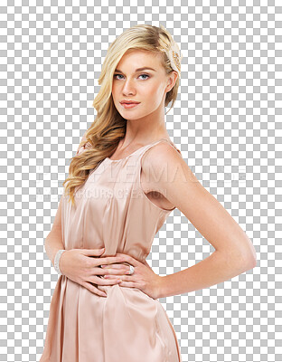 Buy stock photo Young woman, fashion model and portrait with beauty and style isolated on transparent png background. Blonde female person, glamour and elegant style with makeup, hair with shine and designer dress