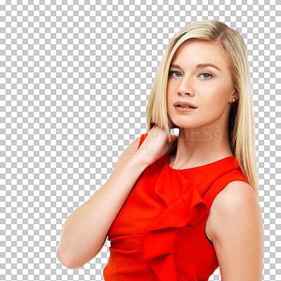 Buy stock photo Portrait, blonde and woman in red dress isolated on a transparent png background. Style, fashion and face of serious female person from Switzerland with trendy clothes, elegant outfit and confidence.