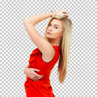 Buy stock photo Portrait, confidence and woman in red dress isolated on a transparent png background. Fashion, blonde and face of serious person from Switzerland standing in trendy clothes, elegant outfit and style.