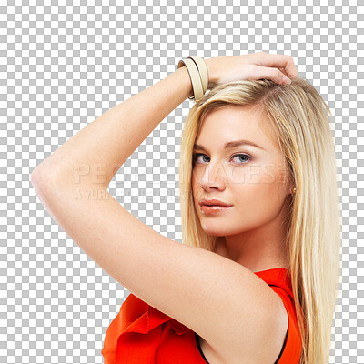 Buy stock photo Face, confidence and woman in red dress isolated on a transparent png background. Fashion, blonde and portrait of serious person from Switzerland standing in trendy clothes, elegant outfit and style.