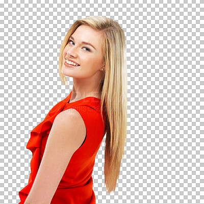 Buy stock photo Portrait, smile and woman in red dress isolated on a transparent png background. Fashion, blonde and face of happy female person from Switzerland standing in trendy clothes, elegant outfit and style.