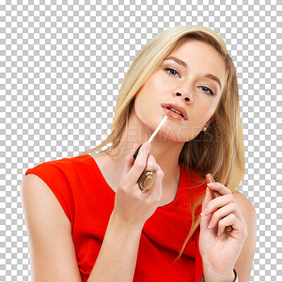 Buy stock photo Cosmetic, portrait and a woman applying lipstick for beauty, prom or confidence. Makeup, face and a girl with a lip product for a glamorous look with cosmetics isolated on transparent png background