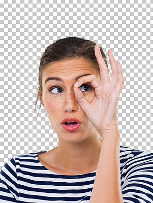 Buy stock photo Okay sign, finger and hand of woman for vision, funny expression and playful personality. Thinking, idea and a young girl with a gesture looking at perfect ring isolated on transparent png background