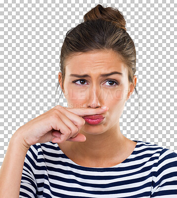 Buy stock photo Funny, woman with finger moustache on her face and isolated against a transparent png background for humor. Comedy or comic, positive and young female person with fun facial expression for joke