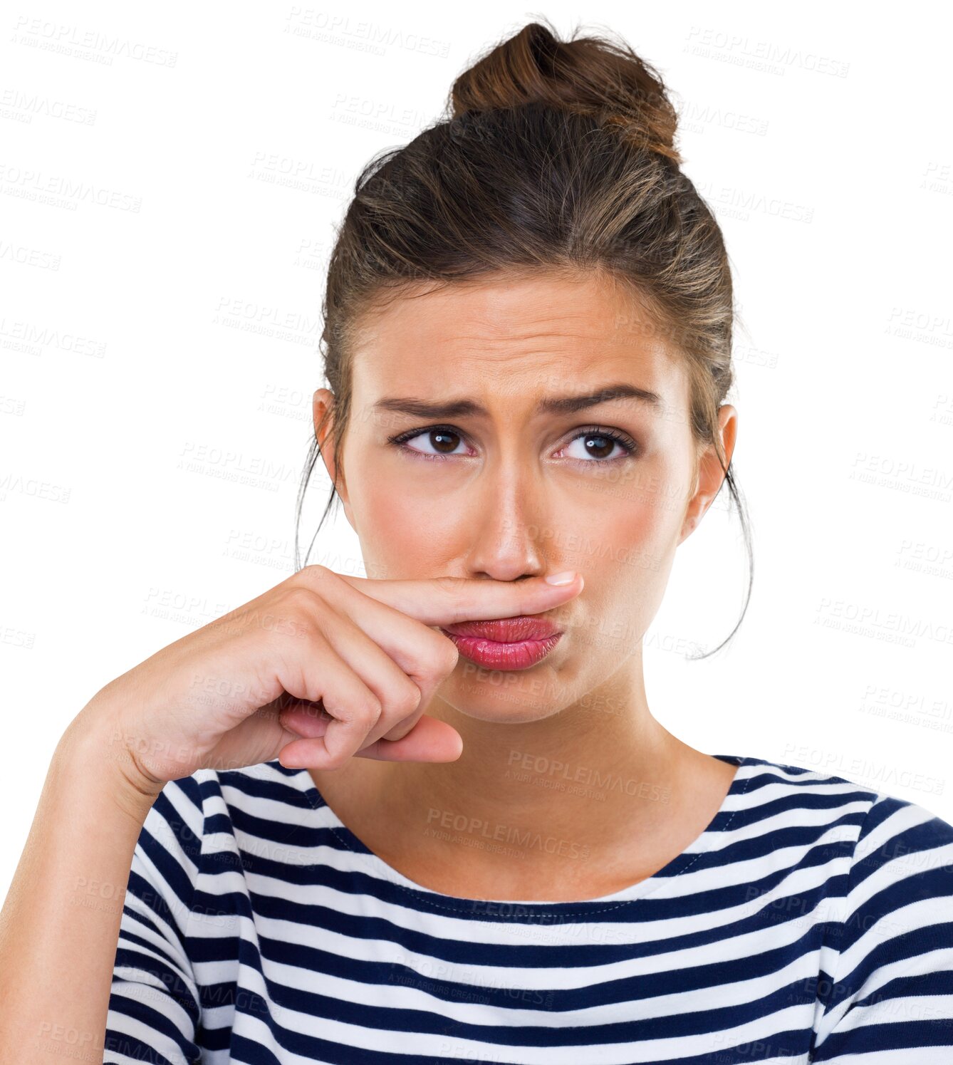 Buy stock photo Funny, woman with finger moustache on her face and isolated against a transparent png background for humor. Comedy or comic, positive and young female person with fun facial expression for joke