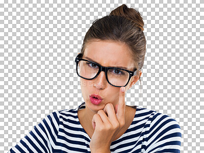 Buy stock photo Portrait, confused and glasses with a woman nerd isolated on transparent background in prescription lenses. Face, fashion and doubt with an attractive young female geek on PNG for vision or eyesight