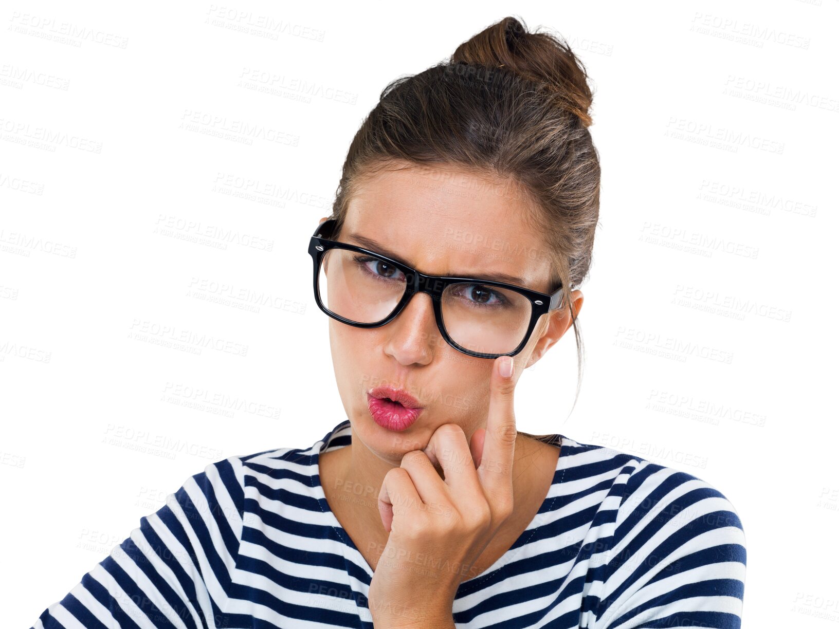 Buy stock photo Portrait, confused and glasses with a woman nerd isolated on transparent background in prescription lenses. Face, fashion and doubt with an attractive young female geek on PNG for vision or eyesight