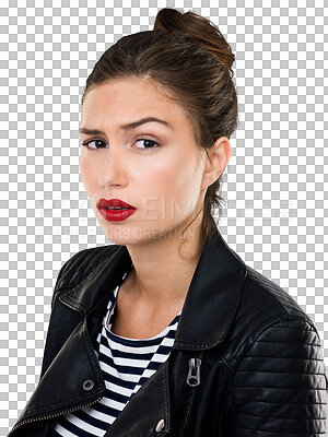 Buy stock photo Lipstick, portrait of a confused woman and fashion model isolated against a transparent png background. Attitude or cosmetology, face with makeup and young female person pose for beauty cosmetics