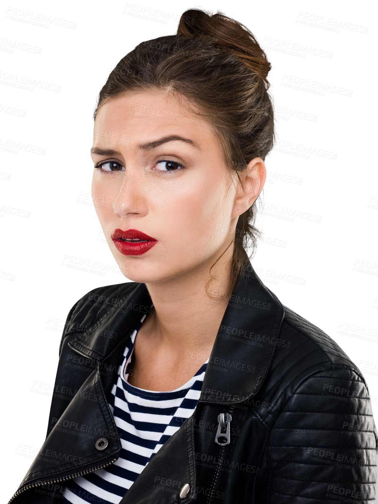 Buy stock photo Lipstick, portrait of a confused woman and fashion model isolated against a transparent png background. Attitude or cosmetology, face with makeup and young female person pose for beauty cosmetics